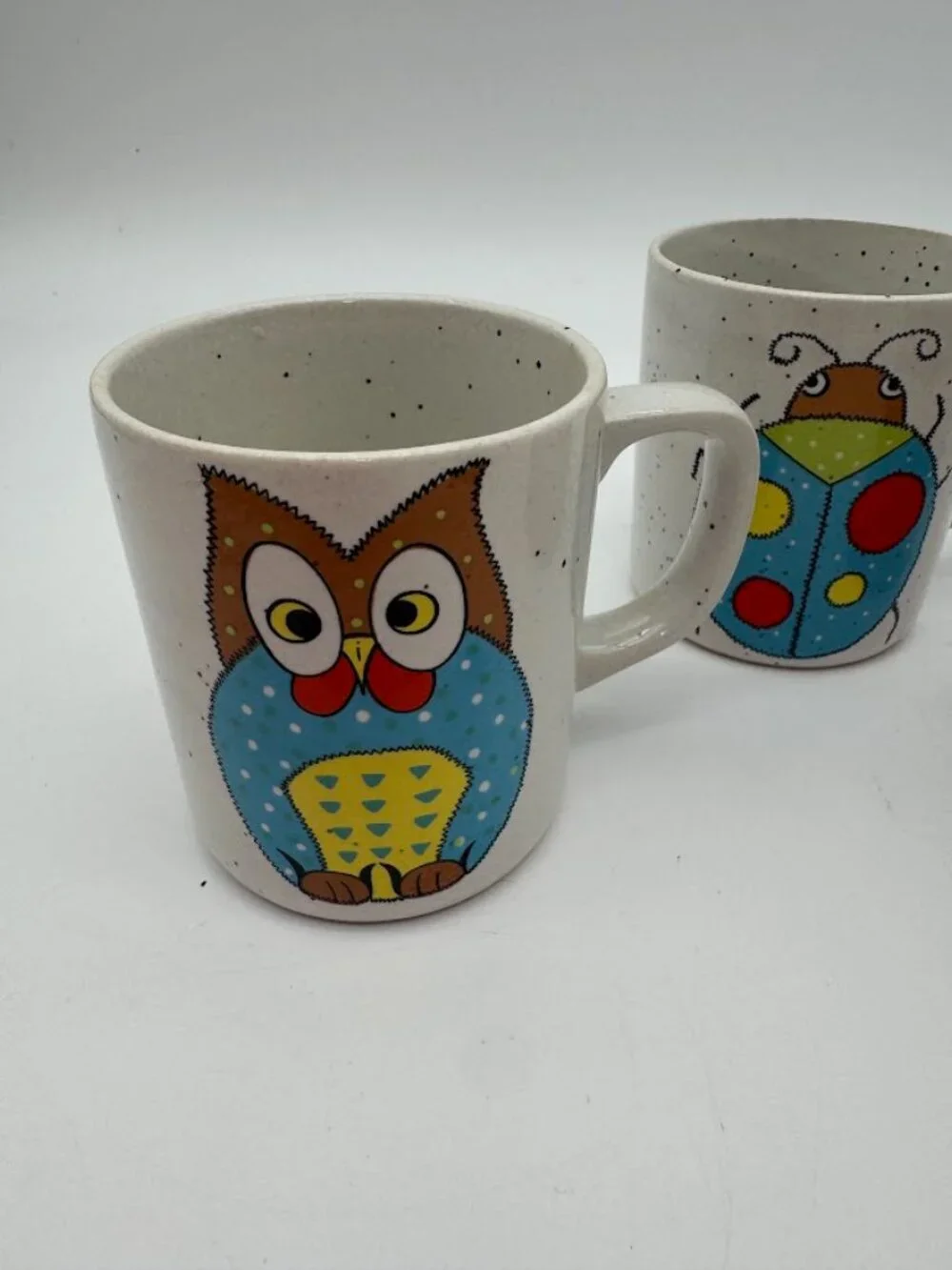 Vintage 1970s Speckled Stoneware Mug Set of 3 Owl Ladybug Bunny Retro Kitsch